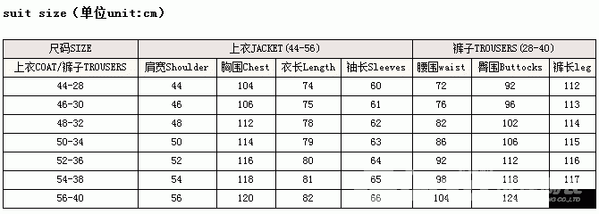 北京普特圣美西装尺码对应表