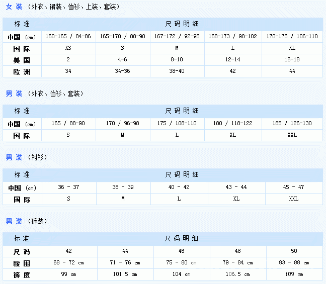 国际通用服装尺码对应表