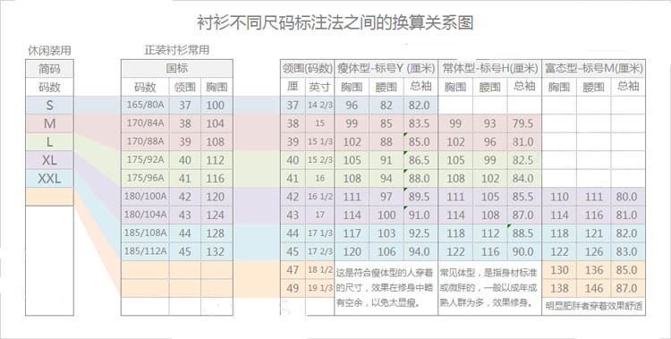 北京普特圣美衬衫尺码对照表